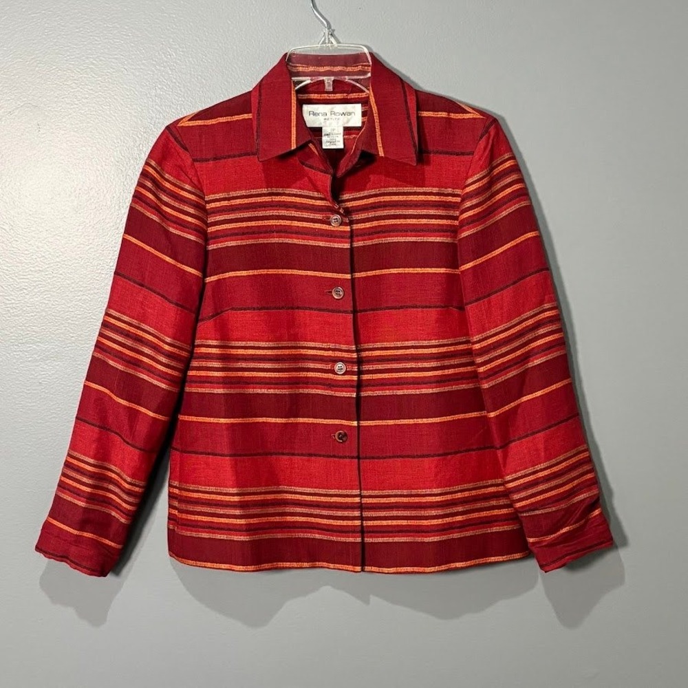 Rena Rowan Blazer Women 2P Red Linen Blend Striped Button Front Classic Chic